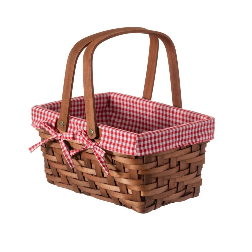 Classic Rectangular Wooden Storage Basket with Red Gingham Lining
