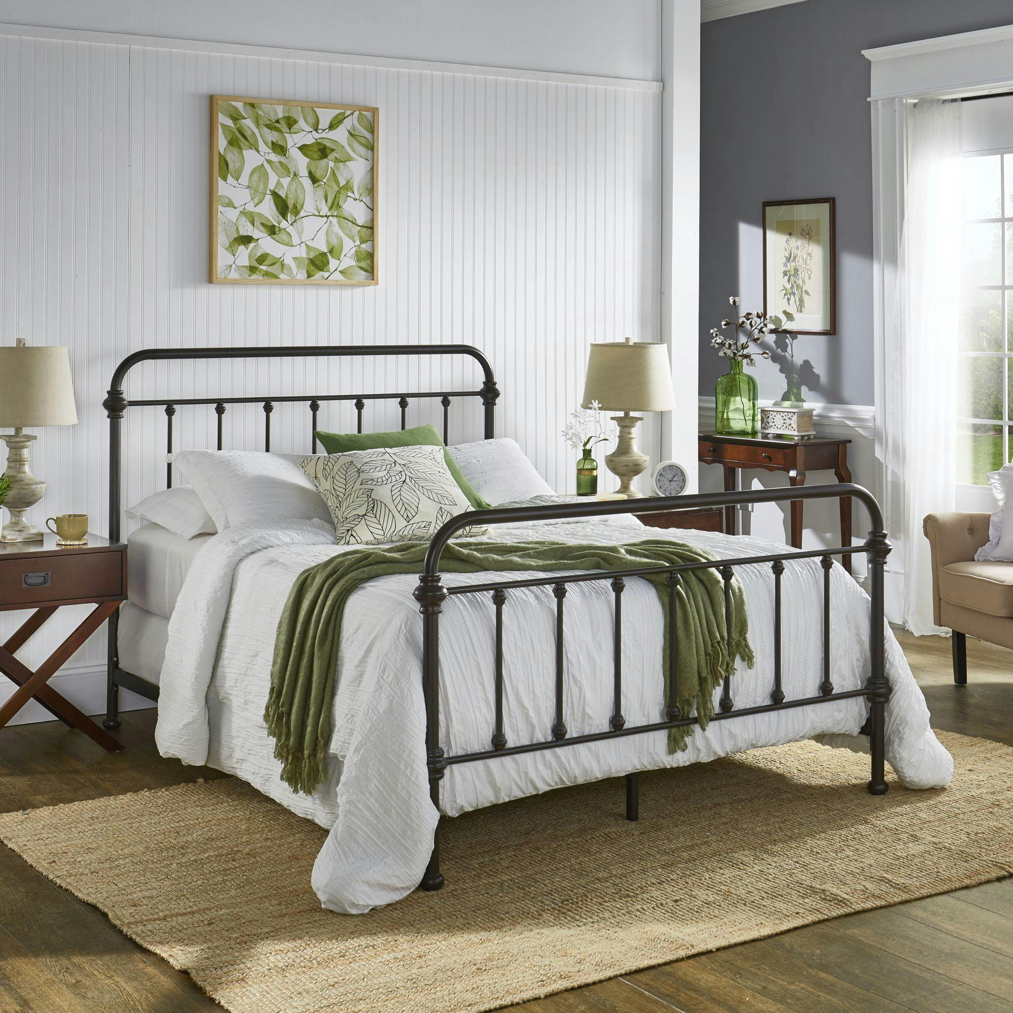 Rustic Farmhouse Full Metal Bed with Spindle Headboard in Antique Brown