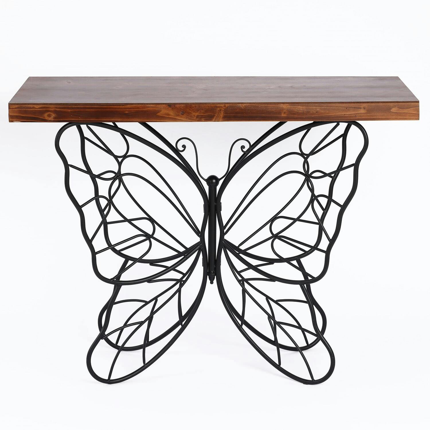 Dark Maple & Black Metal Butterfly Accent Console Table with Storage