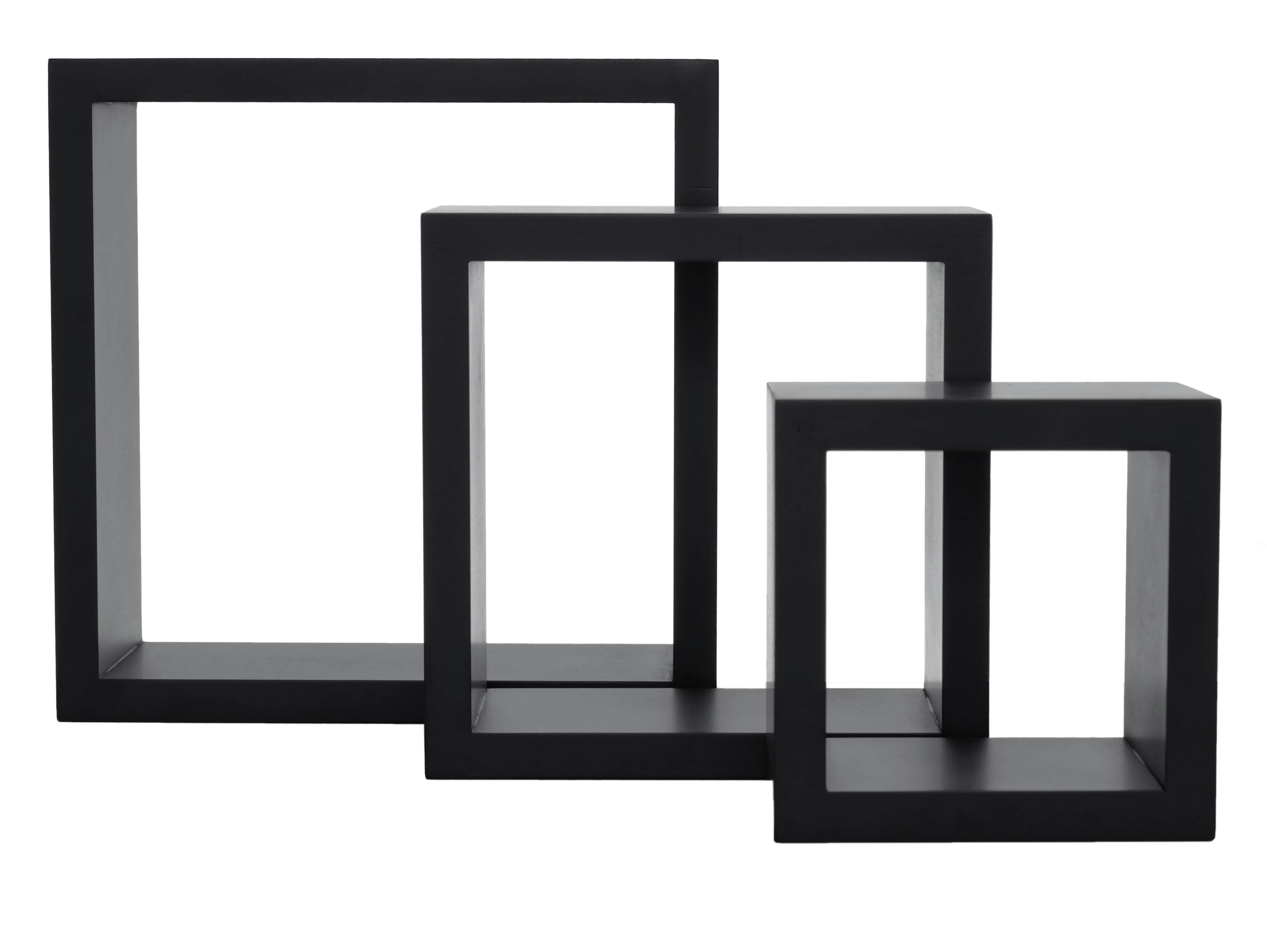 Sleek Black Floating Cube Wall Shelves, Set of 3
