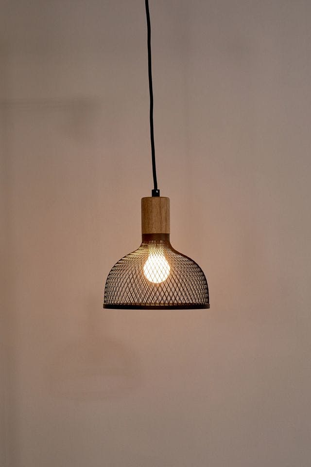 Matte Black Metal & Natural Wood Mini Pendant Lamp