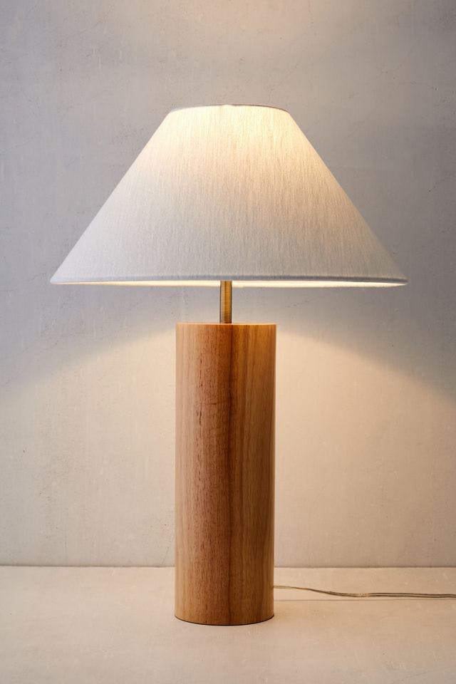 Antique Brass and Natural Oak Modern Table Lamp with White Shade