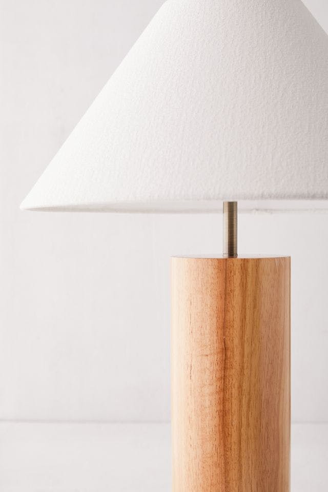Antique Brass and Natural Oak Modern Table Lamp with White Shade