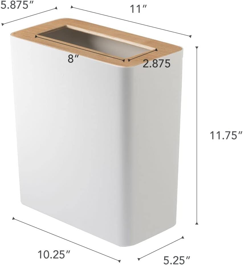 Modern White Steel & Wood Slim Rectangular Wastebasket, 2.5 Gallons