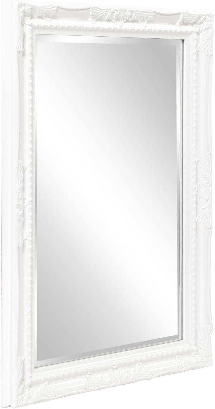 Elegant Glossy White Rectangular Wood Wall Mirror with Beaded Accents