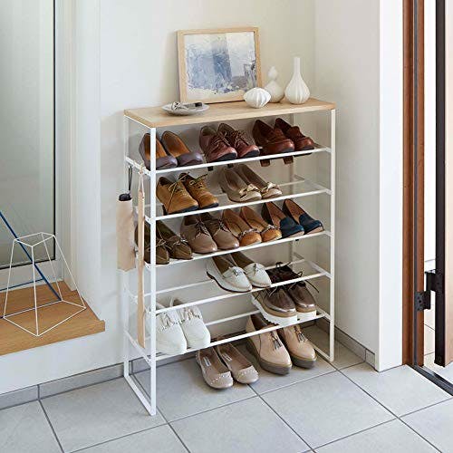 Tiered Minimalist White Steel Shoe Rack with Wood Top