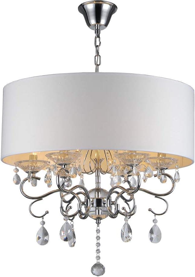 Elegant Chrome Drum Chandelier with Ivory Faux Silk Shade and Crystal Accents