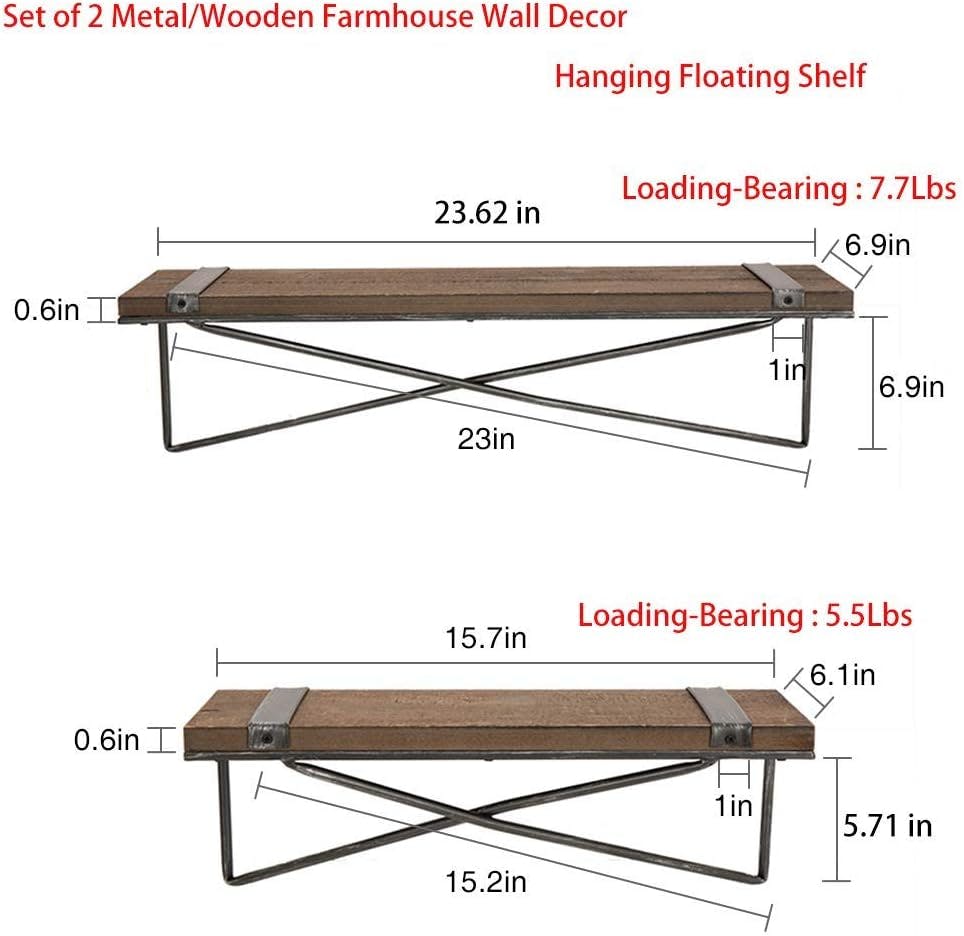 Rustic Brown Wood and Metal 24" Wall Mounted Floating Shelf Set
