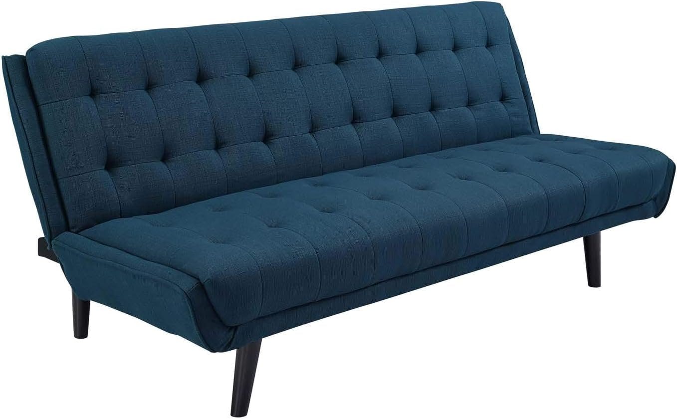 Mid-Century Modern Black Wood and Azure Fabric Tufted Sleeper Sofa