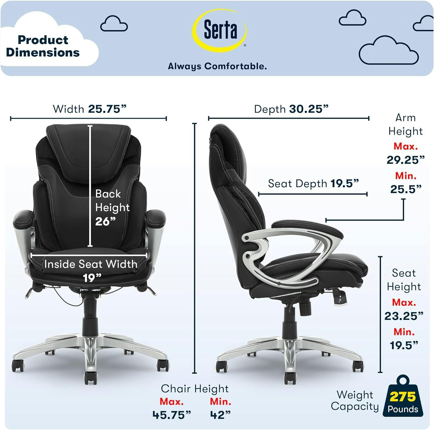 Serta Bryce High-Back Swivel Executive Chair with AIR Lumbar Support, Black Leather