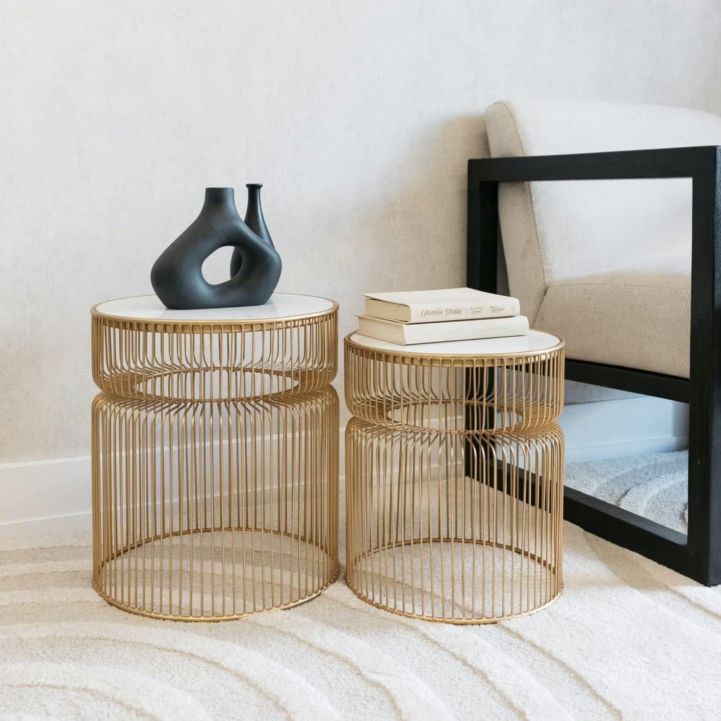 Transitional Gold & White Marble Round Side Table Set