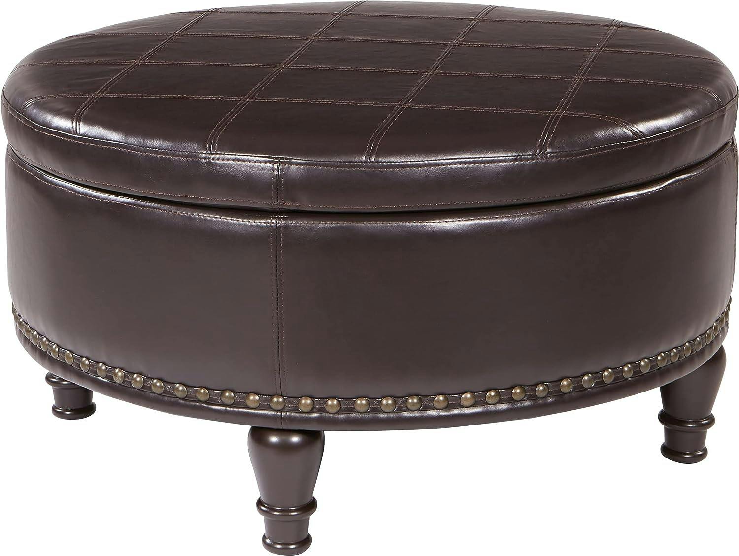 Espresso Bonded Leather Round Ottoman with Tray and Nailhead Detail