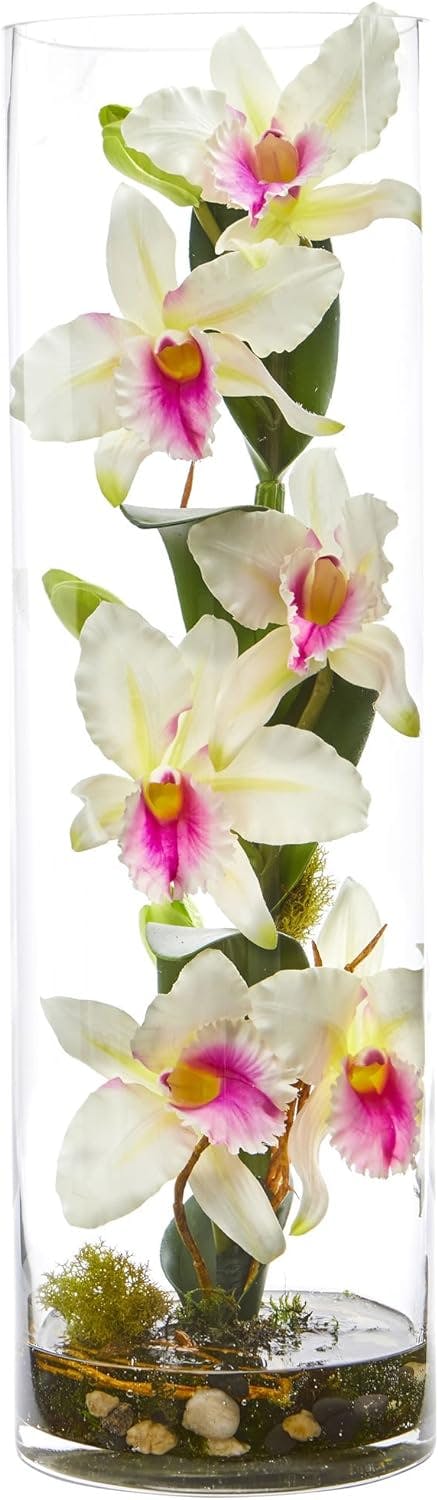 Elegant White Cattleya Orchid 23" Artificial Arrangement in Glass Cylinder
