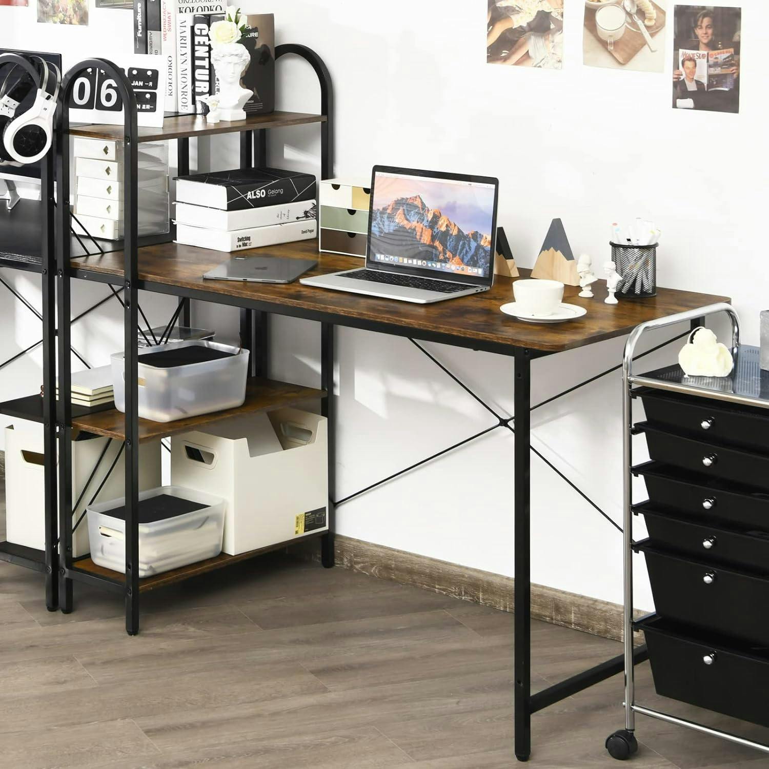 Rustic Brown 48'' Reversible Computer Desk with Metal Frame and Storage Shelves