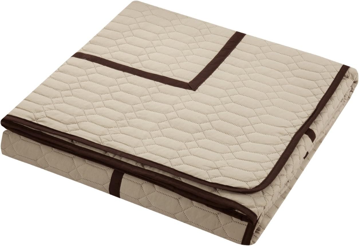 Elegant Beige Microfiber Queen Quilt Set with Geometrical Embroidery