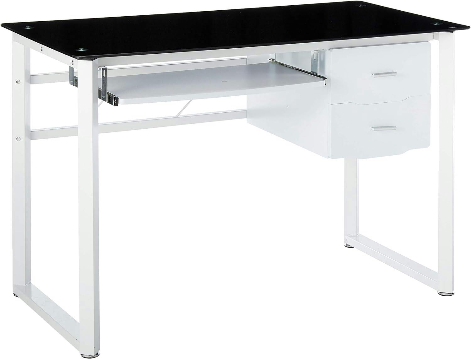 Sleek Black Tempered Glass Computer Desk with Keyboard Tray and Drawers