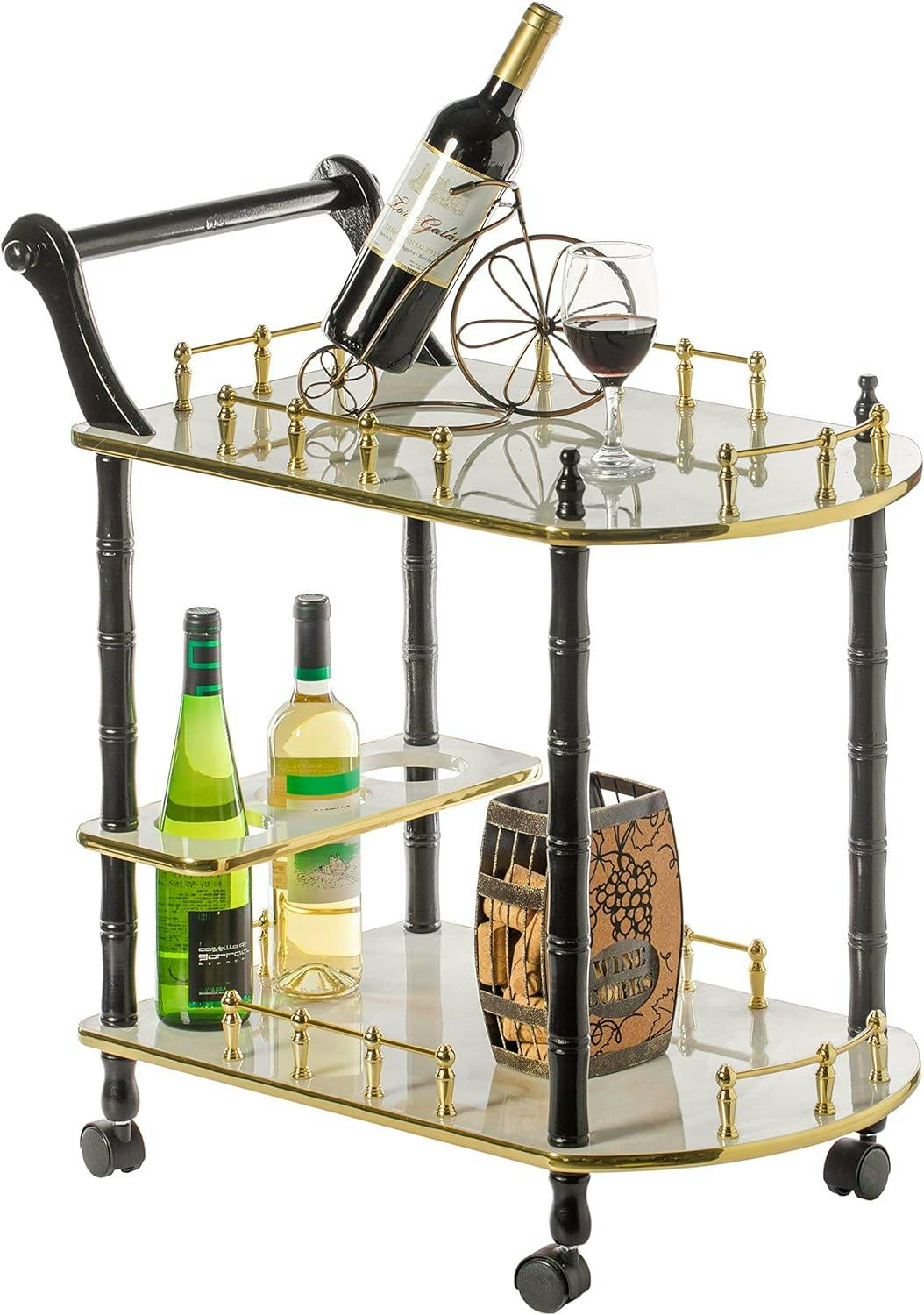 Fabulae White Wood Serving Bar Cart with Wine Rack and Rolling Wheels