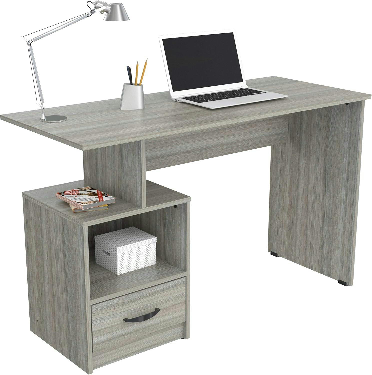 Modern Smoke Oak Writing Desk with Drawer and Open Storage, 47.2 in