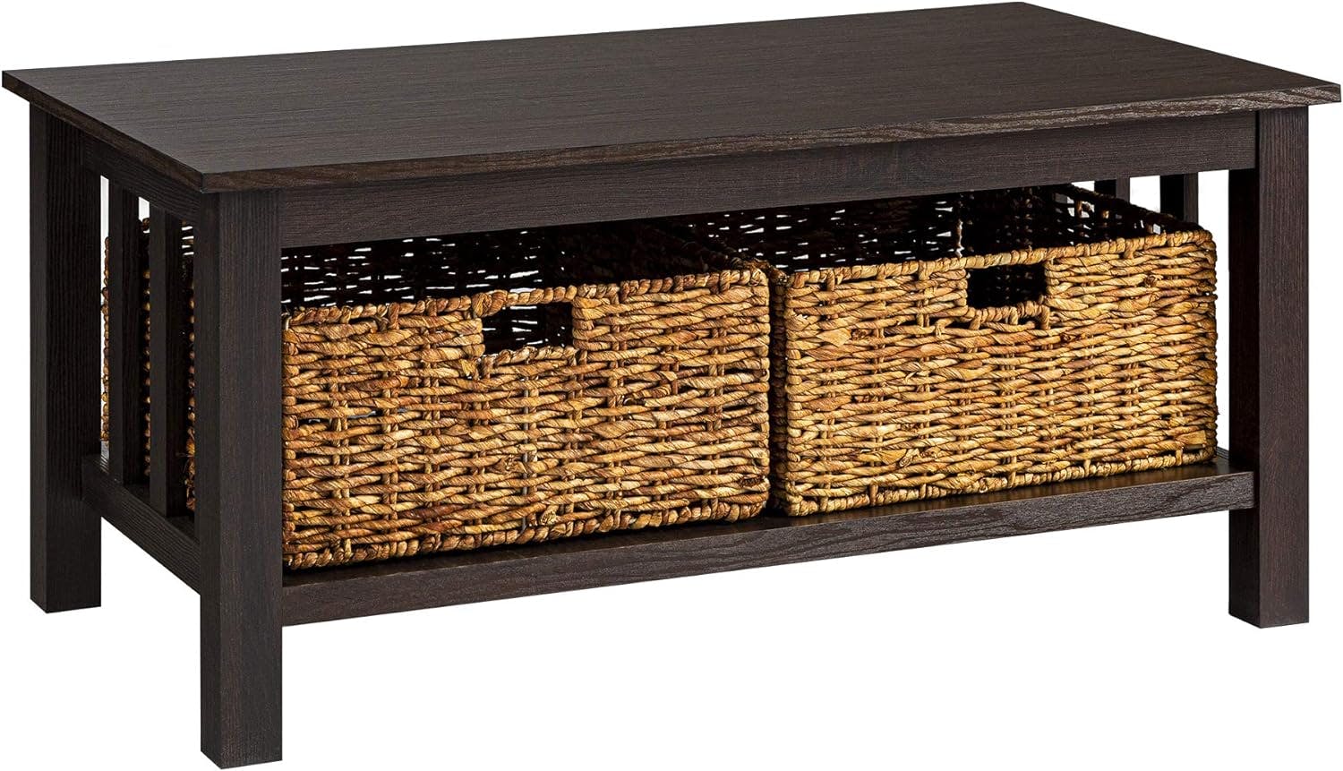 Espresso Elegance 40" Rectangular Coffee Table with Wicker Storage Baskets