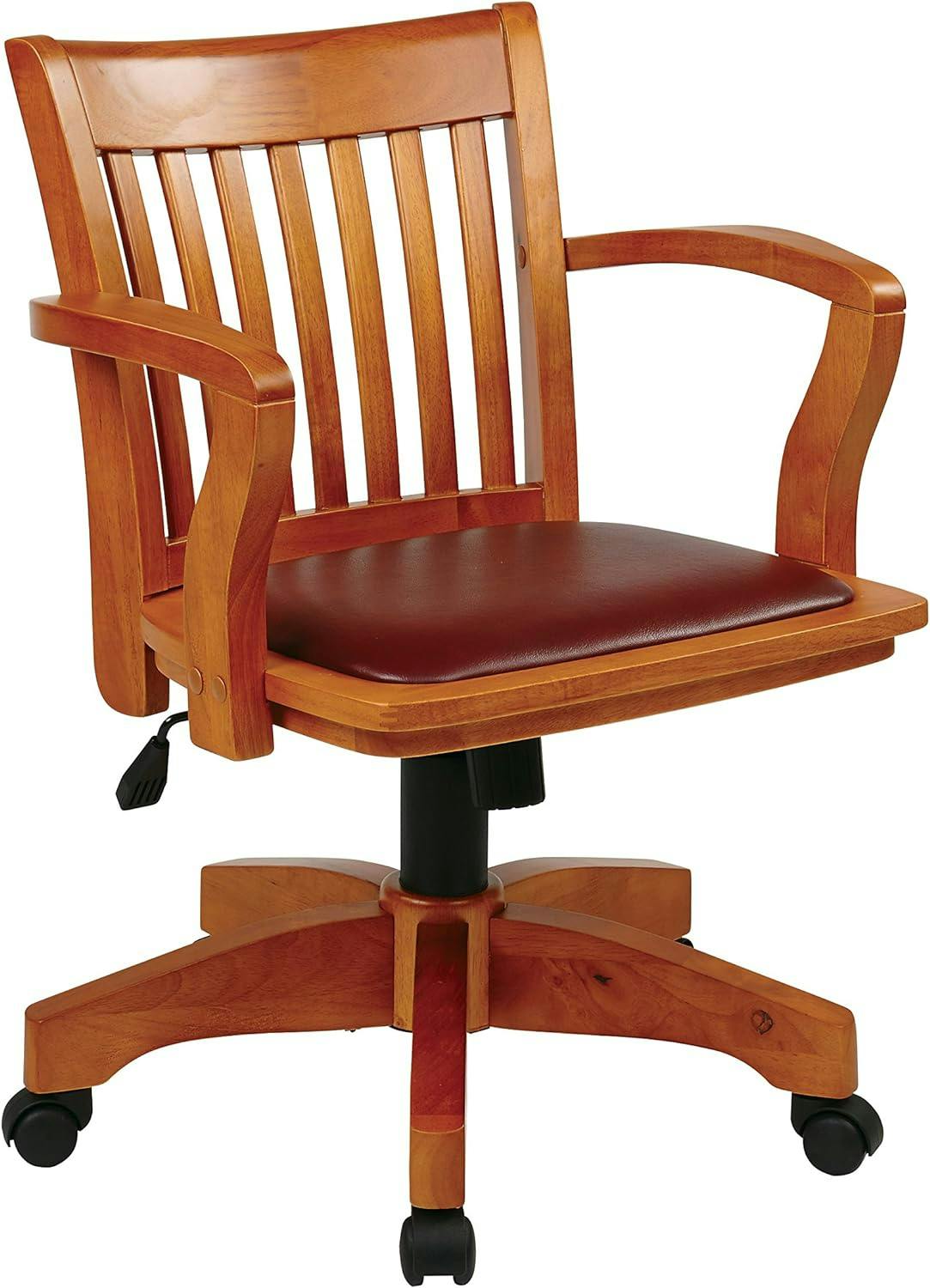 Deluxe Fruitwood Finish Wood Banker's Desk Chair with Brown Vinyl Seat