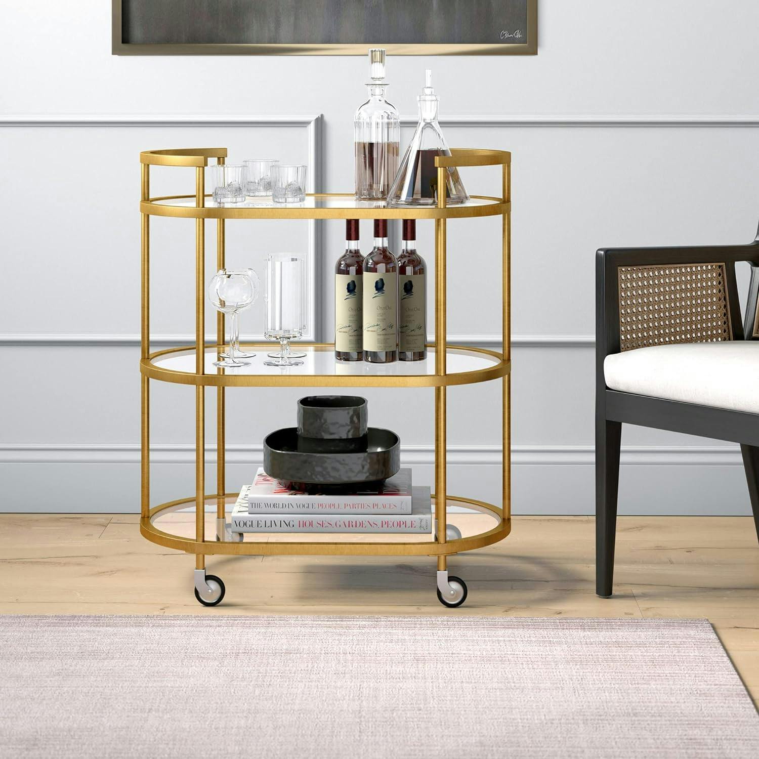 Evelyn Oval Brass Bar Cart with Tempered Glass Shelves