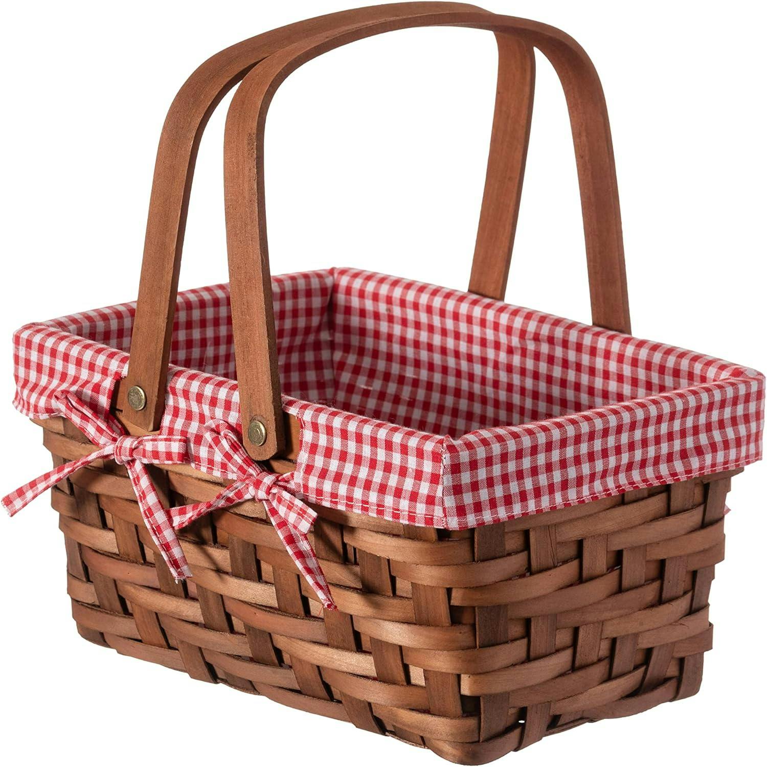 Classic Rectangular Wooden Storage Basket with Red Gingham Lining