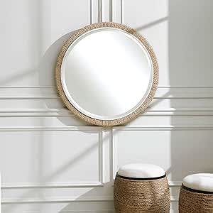 Coastal Charm 40" Round Beveled Mirror with White and Brown Banana Leaf Frame