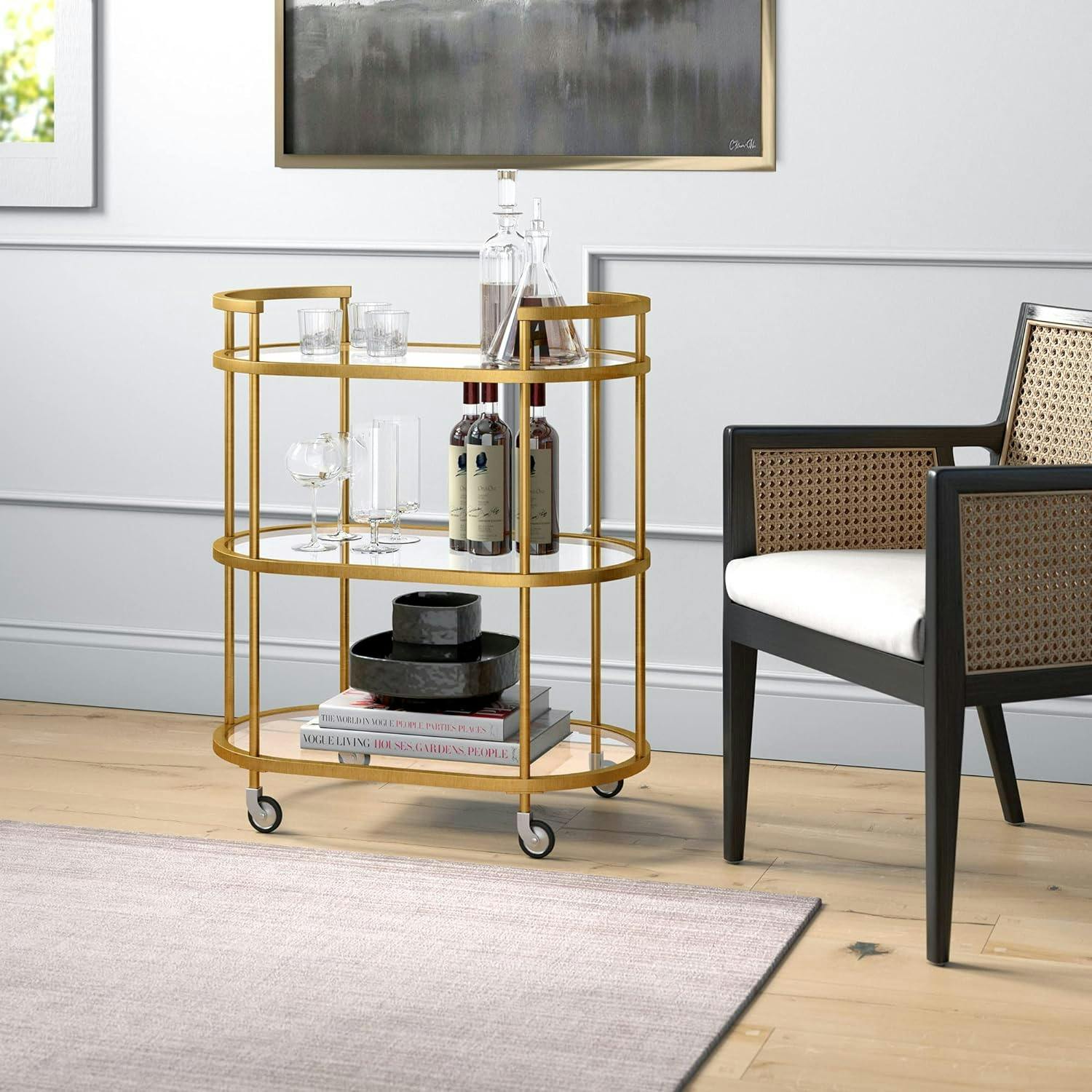 Evelyn Oval Brass Bar Cart with Tempered Glass Shelves