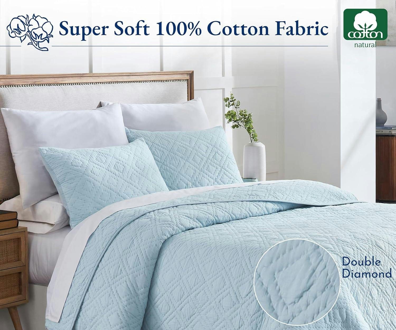 Luxurious Hand-Quilted Cotton Full/Queen Quilt Set in Serene Blue