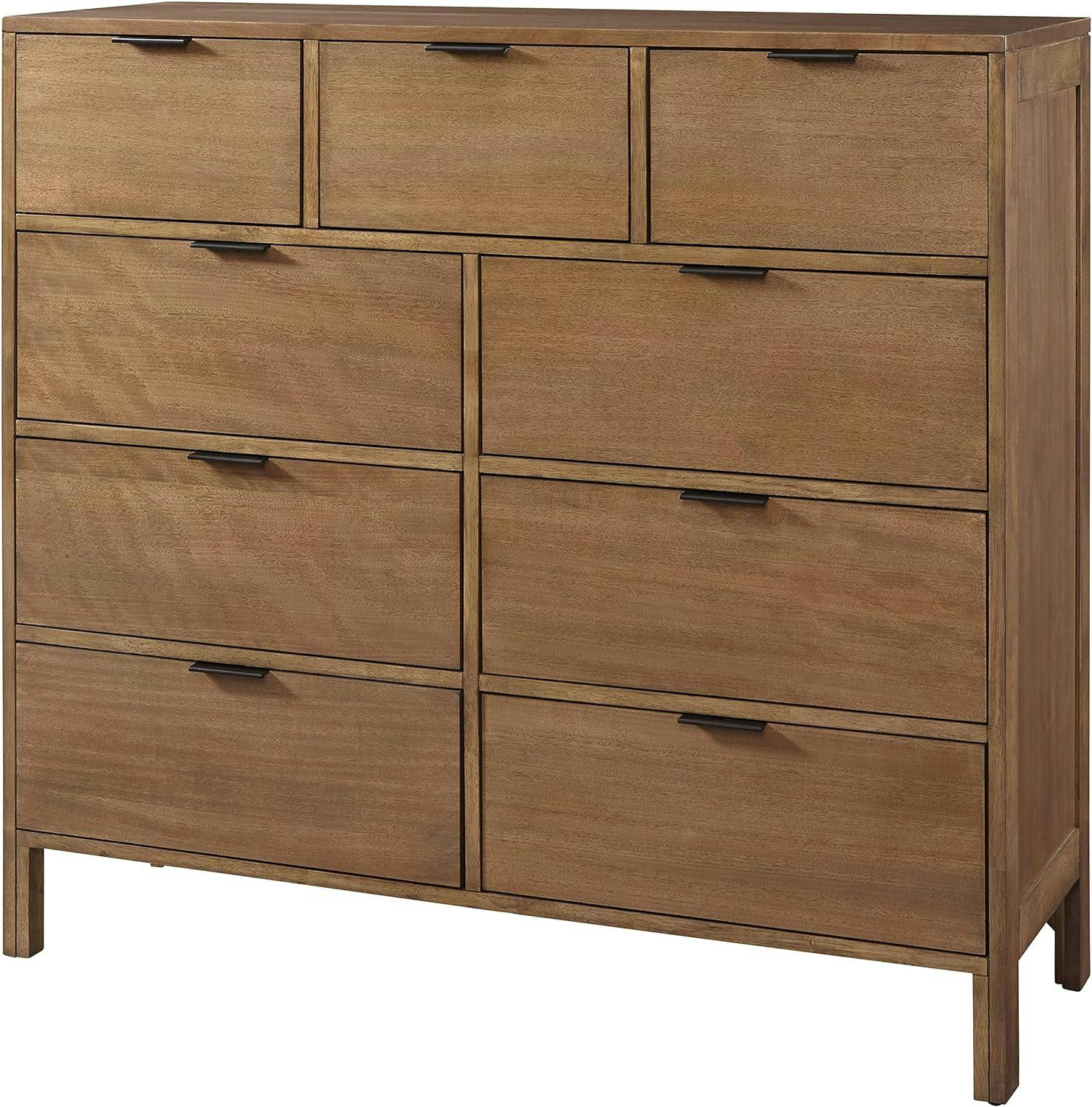 Rustic Jute-Brown 9-Drawer Dresser with Bronze Accents