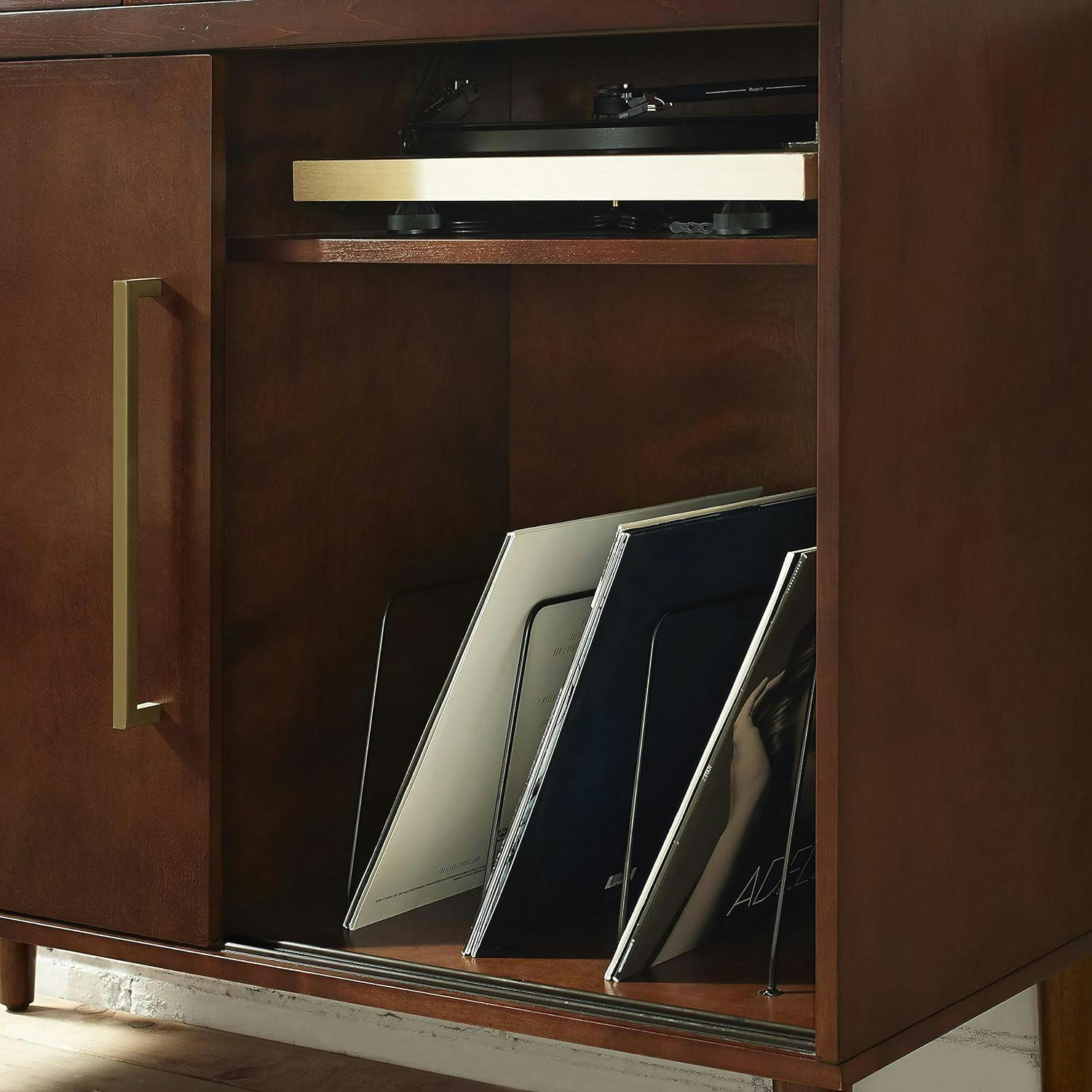 Everett Mid-Century Modern Brown Media Console with Record Storage