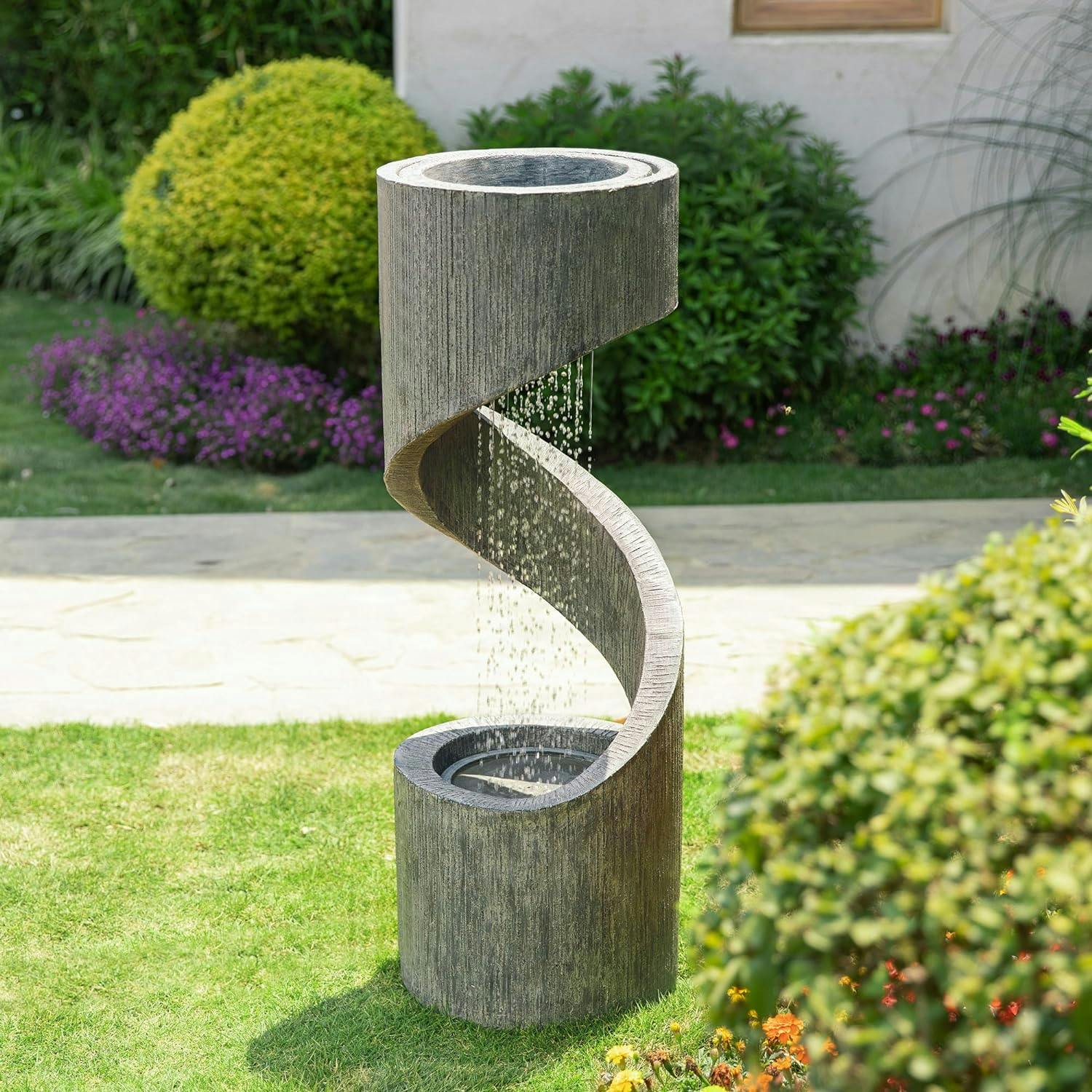 Rustic Curved 40" Outdoor Fountain with LED Light in Stone