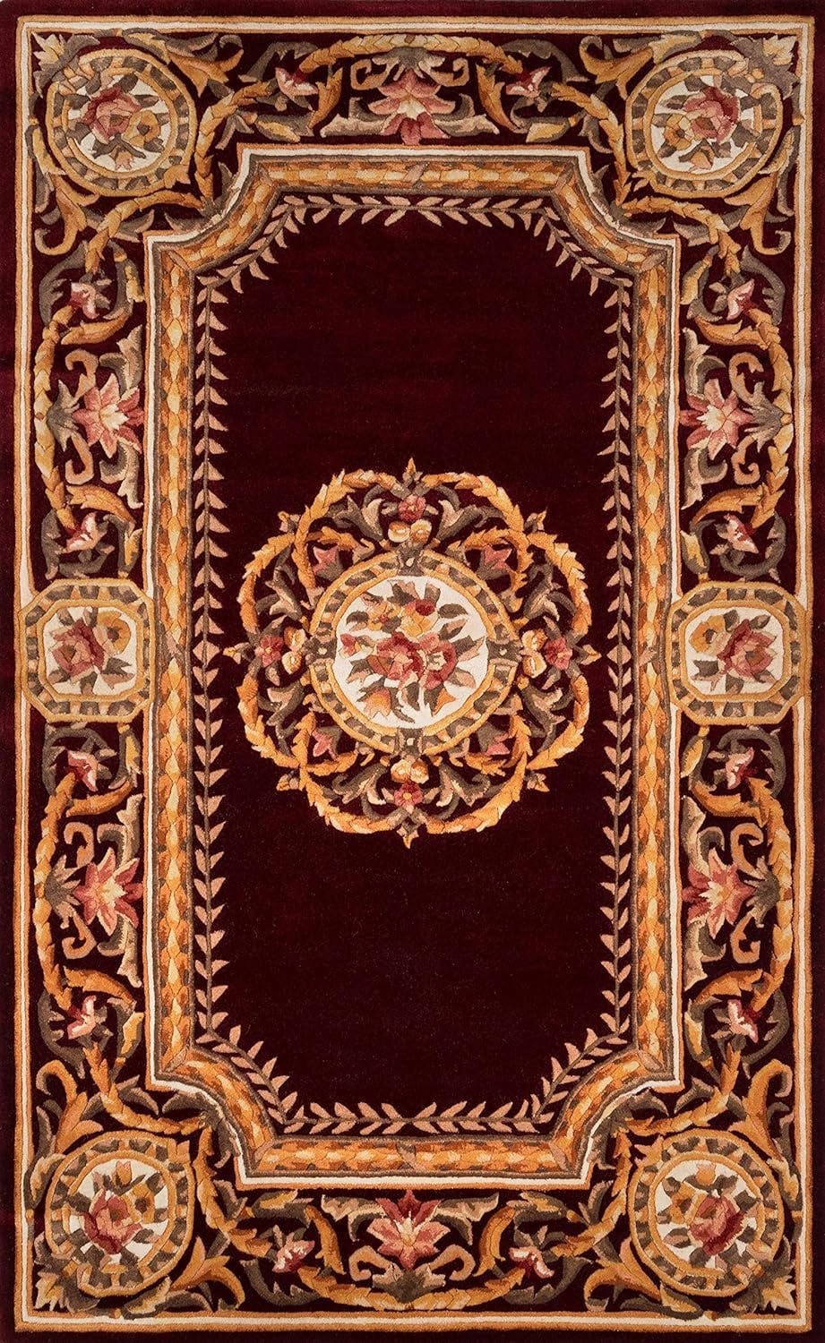 Regal Burgundy Hand-Tufted Wool Rug with Gold Floral Scrolls 8' x 11'
