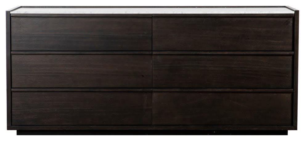 Ashcroft Double 6-Drawer Dark Grey Acacia Wood Dresser with Marble Top
