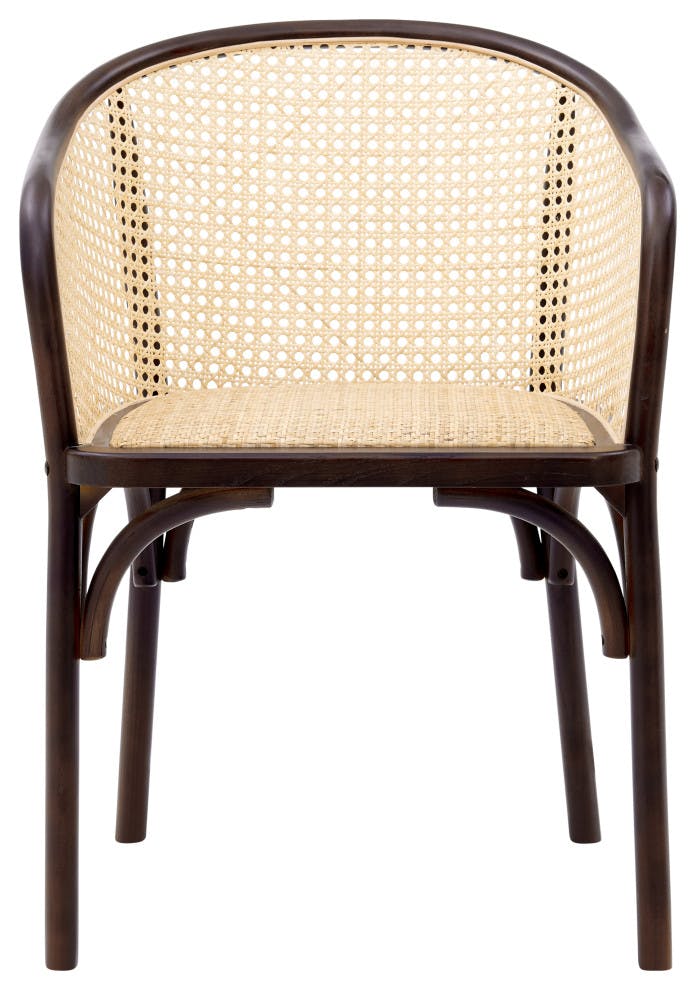 Elsy Walnut Wood and Rattan Armchair with Arched Arms