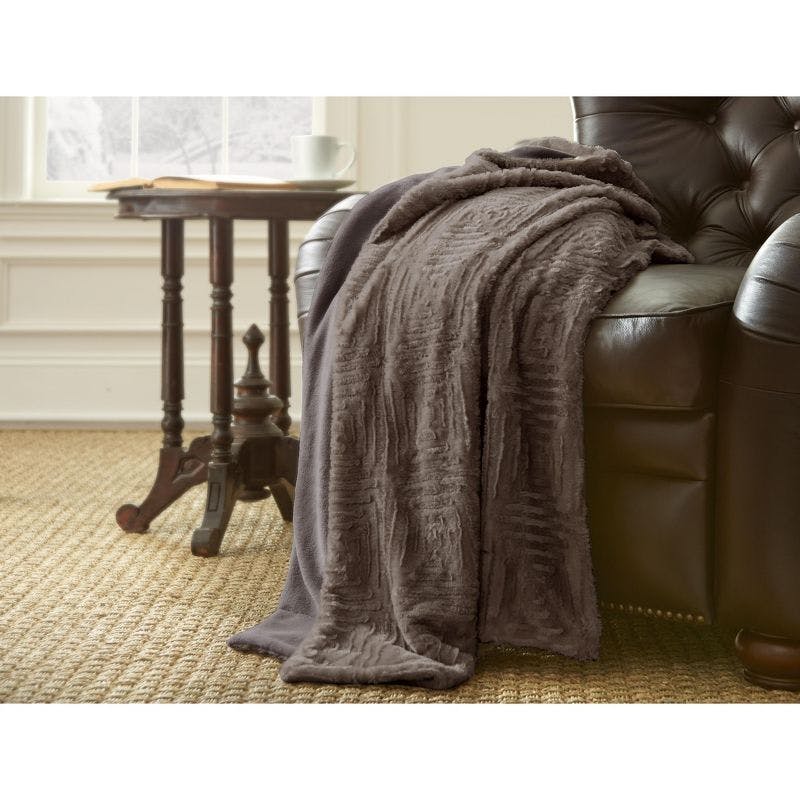 Luxurious Dark Gray Faux Fur and Fleece Reversible Throw Blanket, 50" x 60"