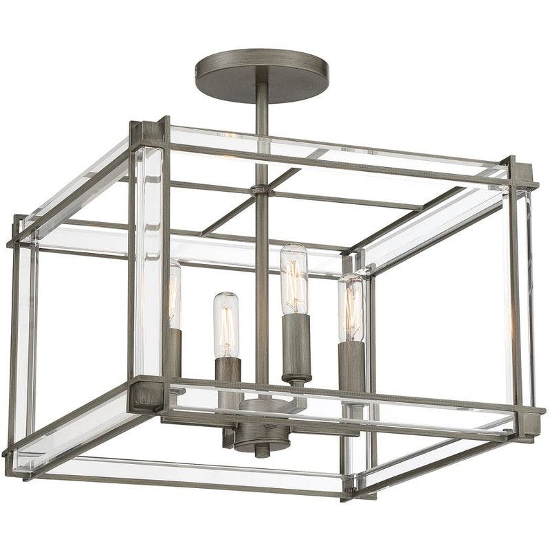 Langen Square Antique Nickel 4-Light Semi-Flush Ceiling Fixture with Clear Acrylic Shades