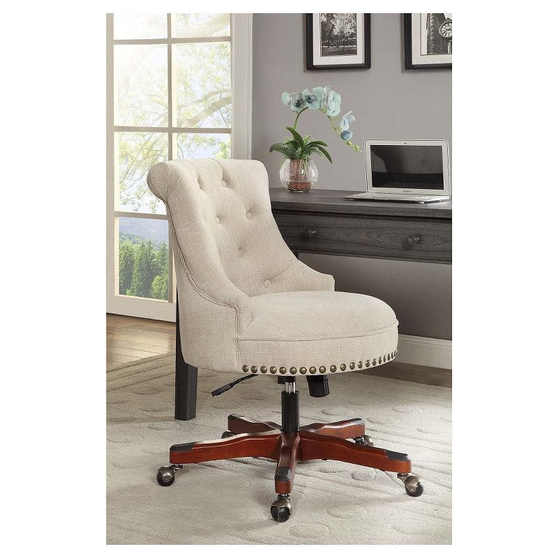 Sinclair Swivel Executive Chair in Natural Off-White with Dark Walnut Wood Base