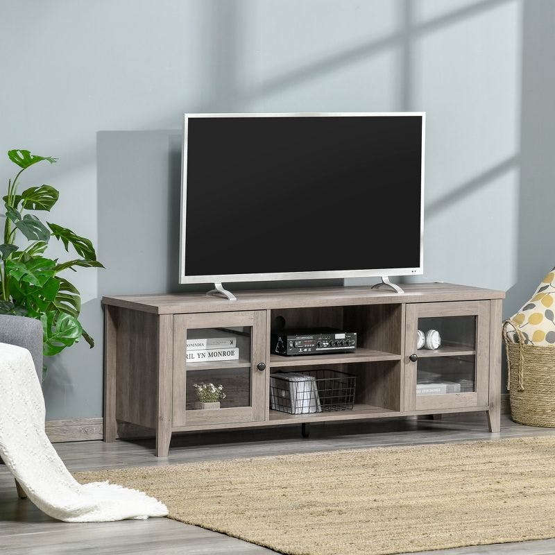 Modern Gray Wash TV Stand with Open Shelves and Cabinets