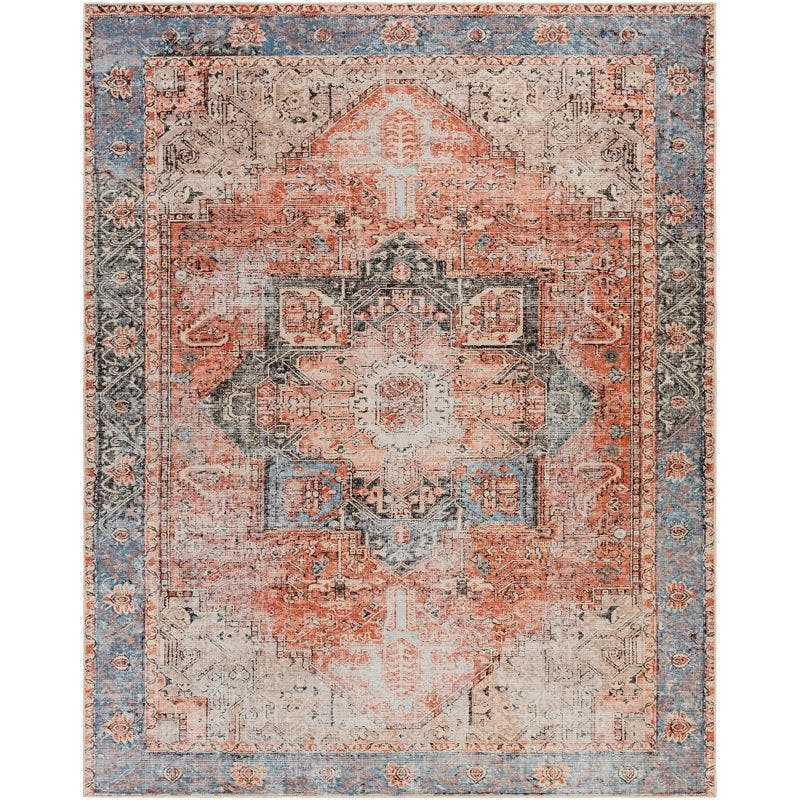 Bohemian Blue Chenille Rectangular Area Rug with Faded Floral Motif