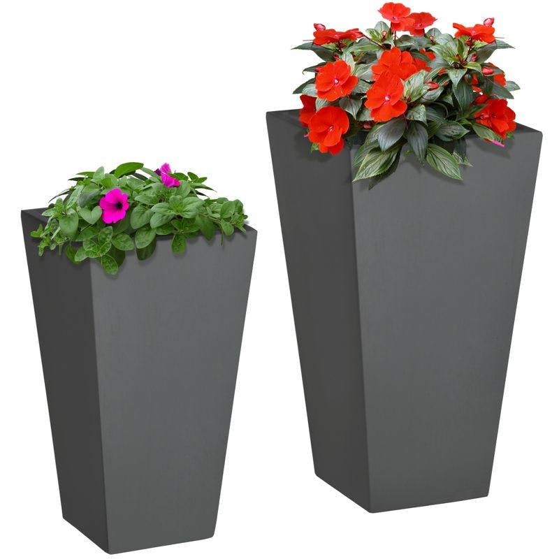 Magnesium Oxide Modern Outdoor Planters with Drainage, Gray, 2-Pack