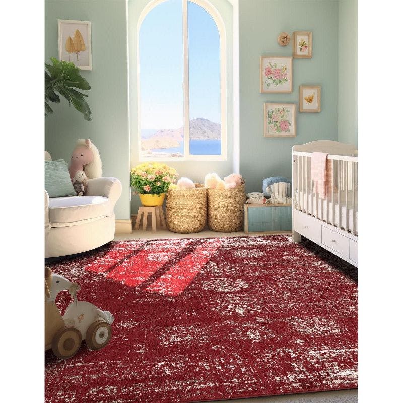 Burgundy Synthetic Square Stain-Resistant Easy-Care Rug