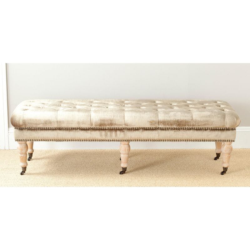 Transitional Tufted Antique Sage Bench with Brass Nail Heads and Oak Legs