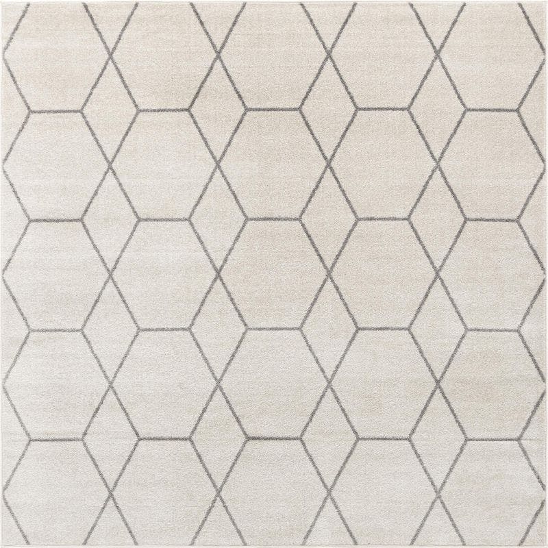 Ivory and Gray Trellis Square Synthetic Area Rug