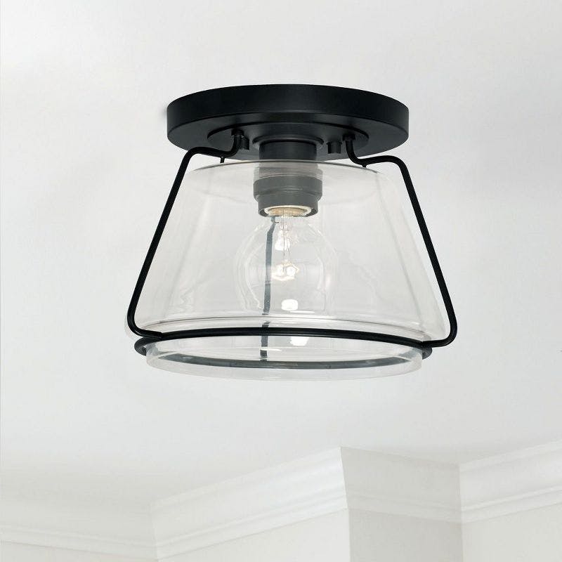 Vintage Lantern-Inspired Matte Black and Clear Glass 1-Light Flush Mount