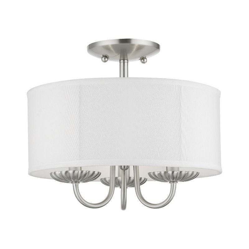 Transitional Brookdale Brushed Nickel 3-Light Semi-Flush Mount with Off-White Drum Shade