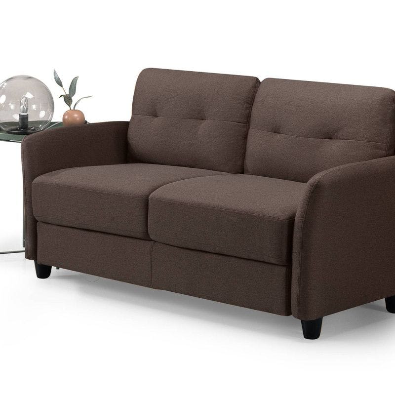 Chestnut Brown Tufted Fabric Loveseat with Flared Wood Arms