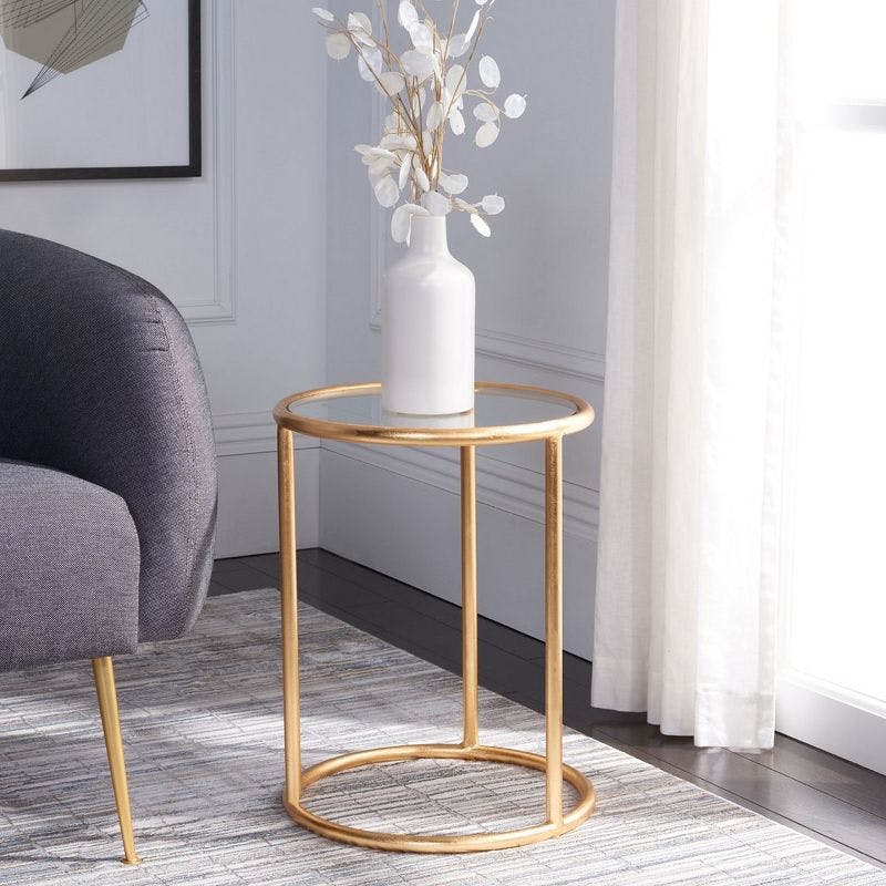 Transitional 15'' Gold Metal & Glass Round Mirrored Accent Table