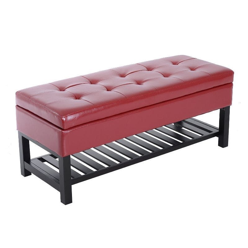 Elegant Crimson Red Faux Leather Ottoman Storage Bench with Shoe Rack