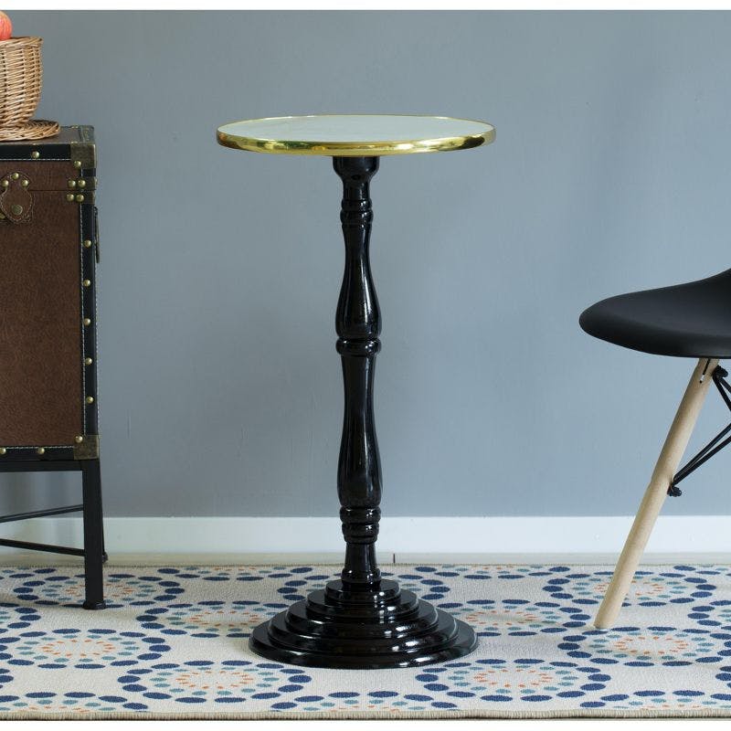 Espresso Wooden Round Pedestal Side Table with Glossy Marble Top